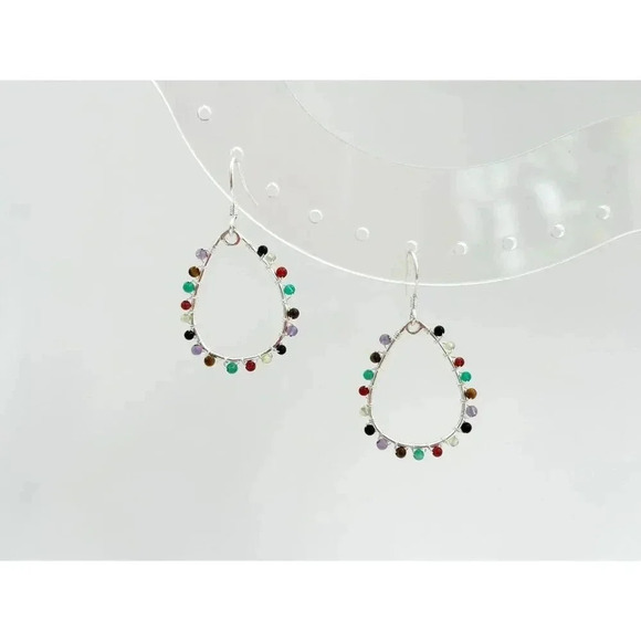 Sterling Silver Rainbow Quartz Gemstone Lined Teardrop Vintage Hoop Earrings - Picture 7 of 9